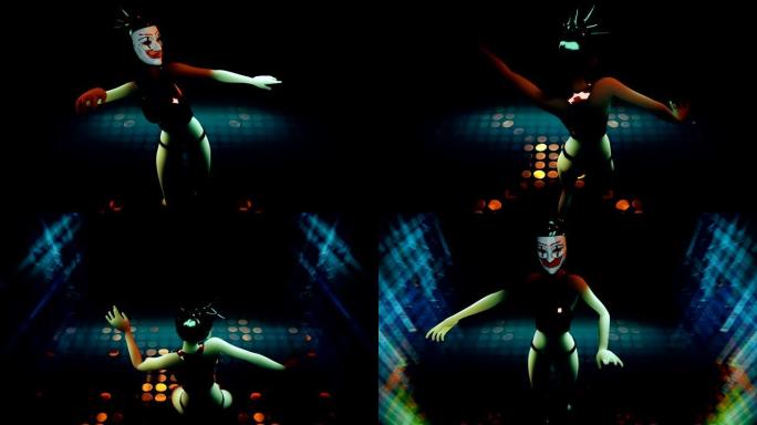 一个戴着小丑面具的女人在舞池里跳舞