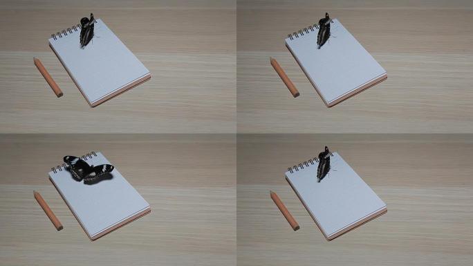 记事本铅笔蝴蝶桌高清素材