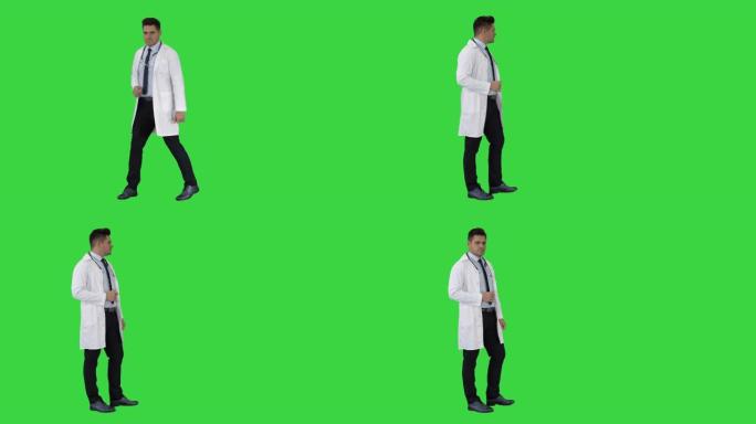 医生，医学专业人员做一个点手势，并在绿色屏幕上的背景上呈现一些东西，色度键