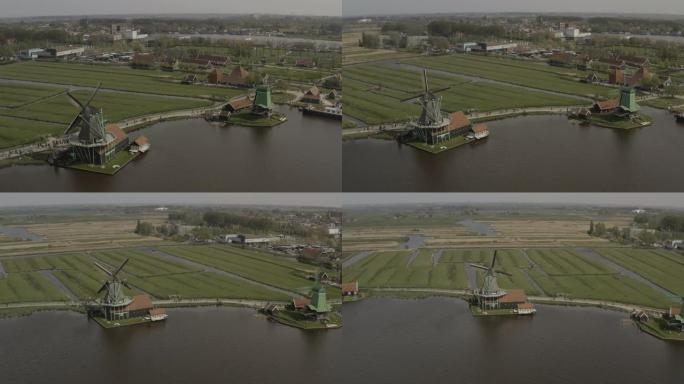 荷兰4k Zaanse Schans风车的无人机视图