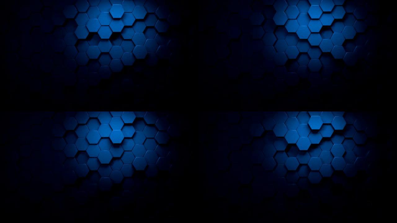 表面的蓝色美丽六边形在无缝4k中变形抽象运动设计背景3d动画，用于技术，通信，过渡，聚会社交活动，庆