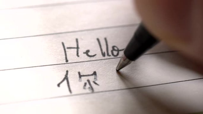 初级汉语学习者在笔记本上用汉字和拼音写你好单词Nihao