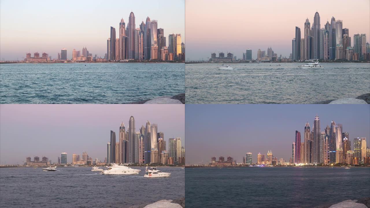 4k延时-日落时码头的城市景观和天际线。迪拜。阿联酋