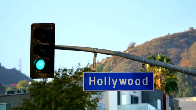 4k好莱坞大道街道标志和交通信号灯
