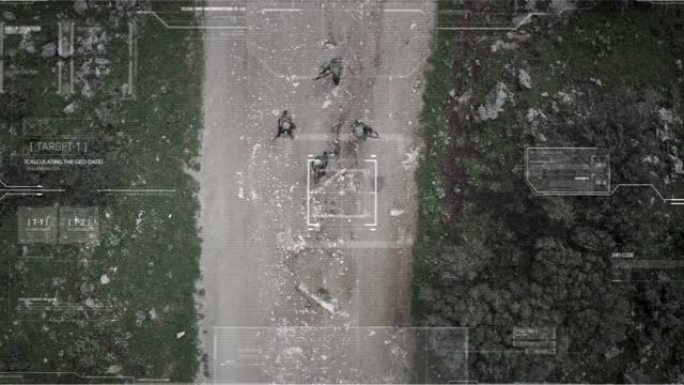 监视无人机的士兵通过一个森林与hud图形