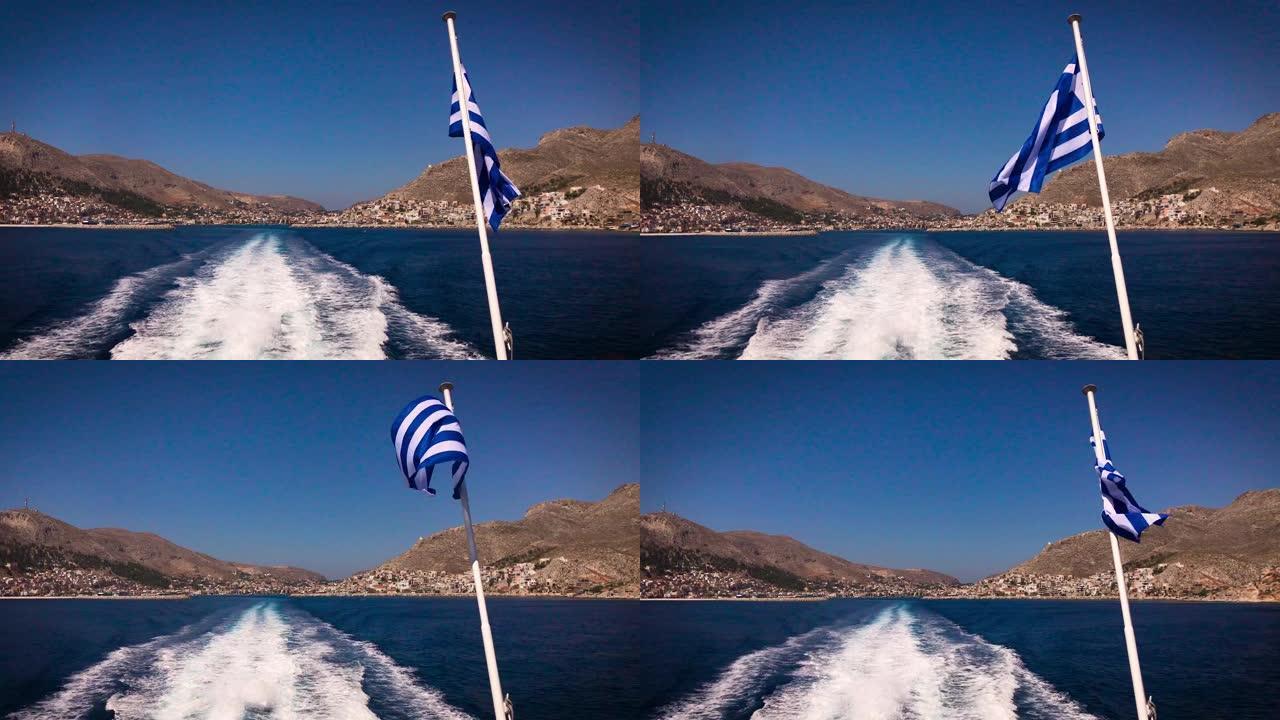 快艇动力尾流和希腊旗