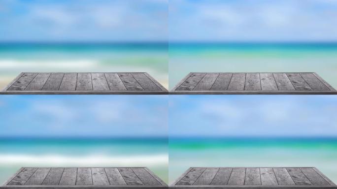 户外木制桌面纹理透视模糊海滩海洋背景。