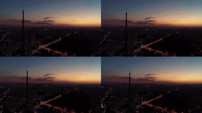 巴西圣保罗阿纳尔多医生大道日落鸟瞰图。伟大的日落场景。奇妙的风景。商业城市。商务旅行。日落收藏。彩色