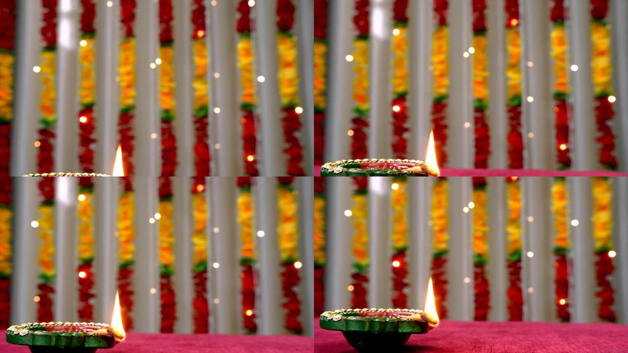 Raksha Bandhan或排灯节上美丽的点亮粘土油灯的特写镜头