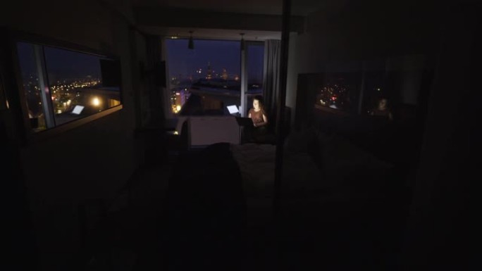 在暮光之城窗台上的笔记本电脑上工作的女人