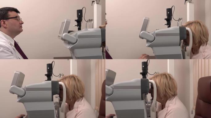 由左至右的照片，一位眼科医生正在使用现代自动屈光器进行视力检查。计数和成像角膜内皮细胞的装置。