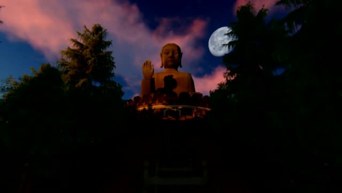 香港宝莲寺的天坛大佛反对满月，昼夜延时