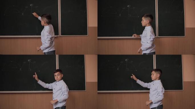 小男孩把黑板上的东西变白了。聪明的男性