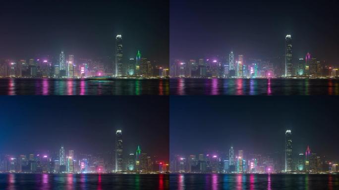 4k延时: 香港城市激光表演灯光交响乐全景地标摩天大楼在香港维多利亚港