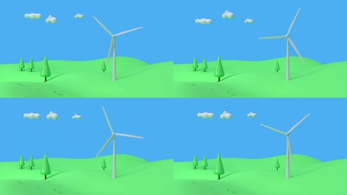 涡轮自然绿蓝场景卡通风格3d渲染电力电力创新概念