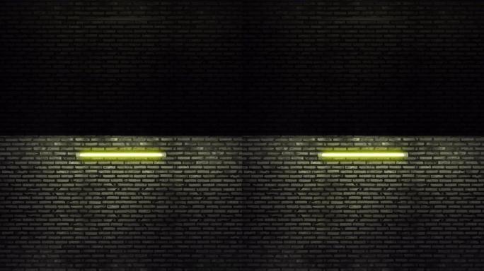 夜间砖墙上的摆动霓虹灯管灯霓虹灯开关关闭循环和无缝可用于背景。