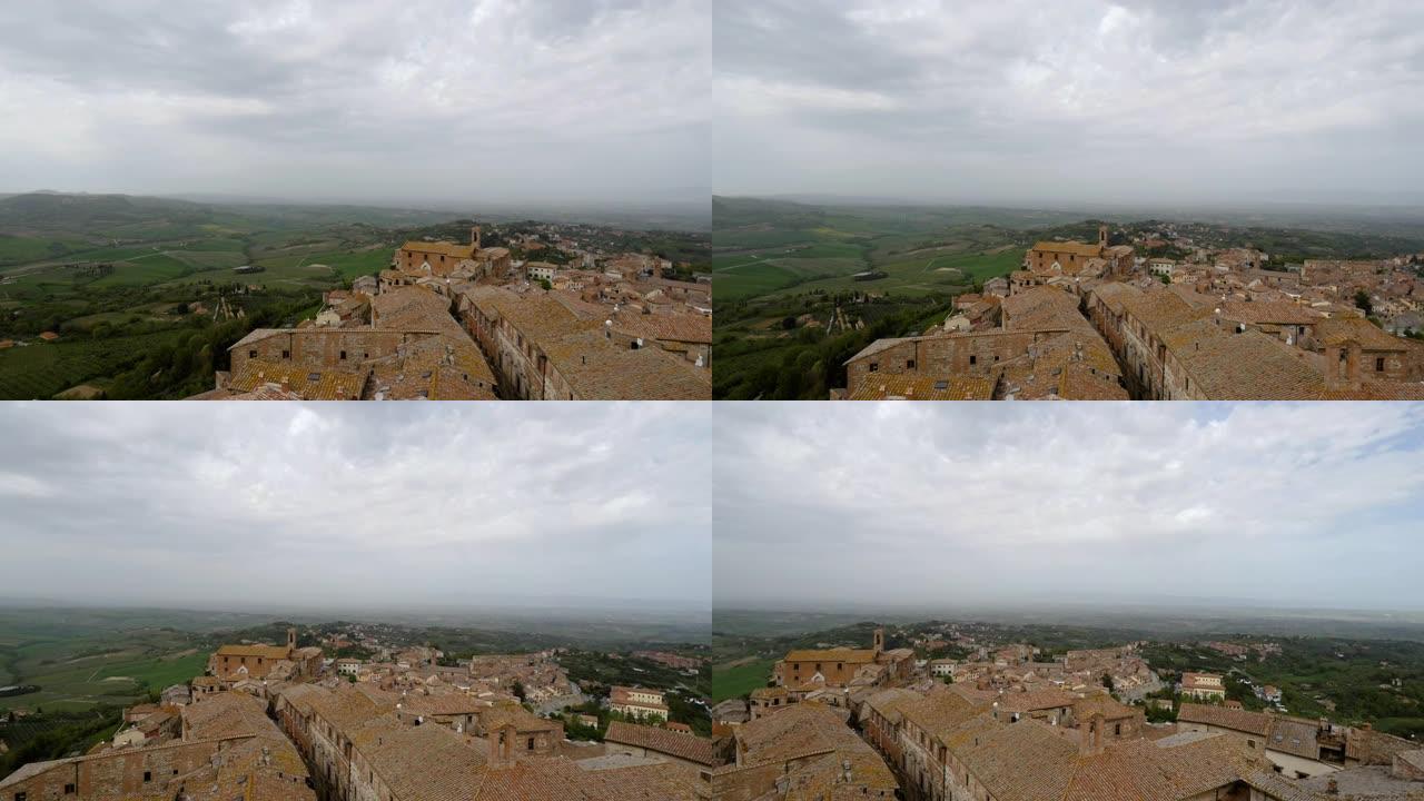 Montepulciano和周围乡村屋顶的鸟瞰图，在4k