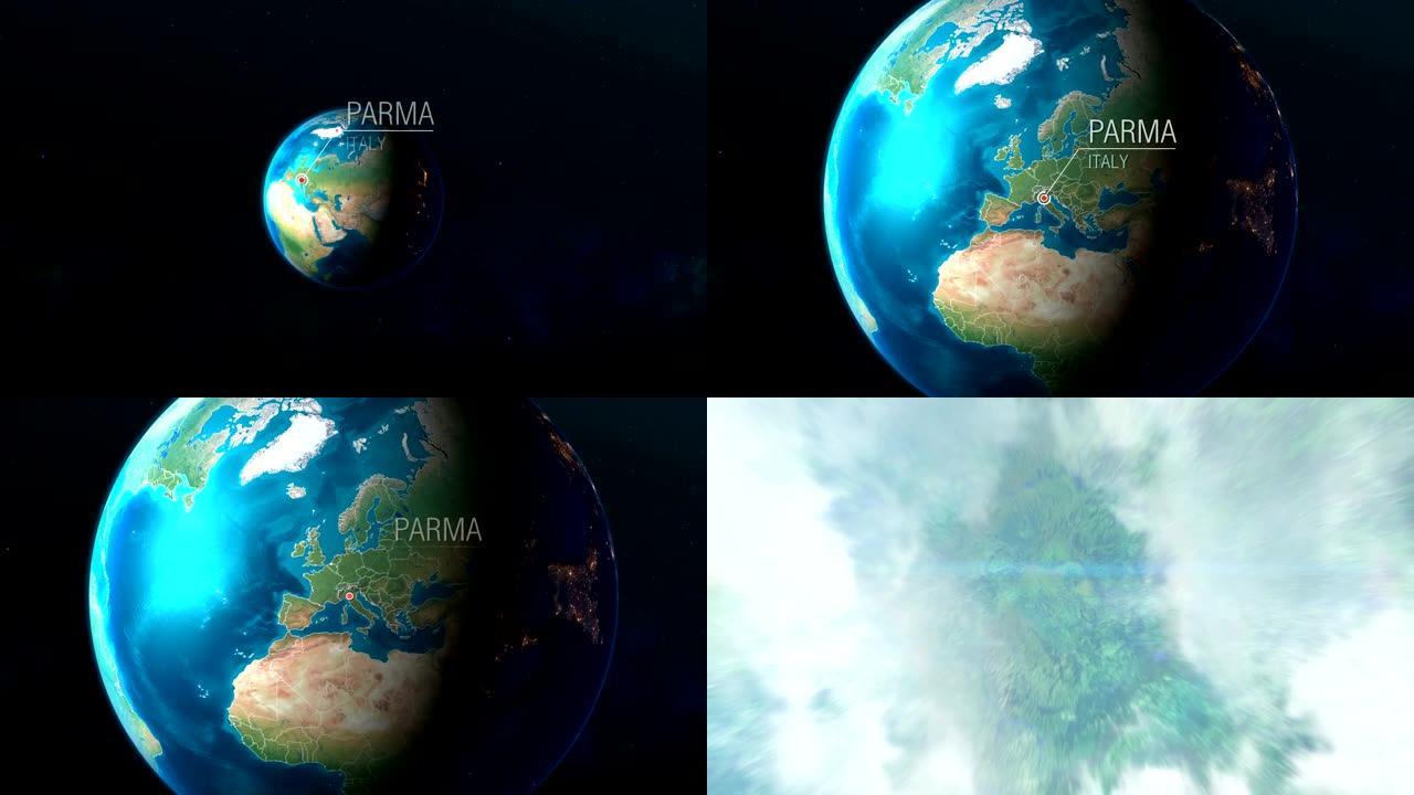 意大利-帕尔马-从太空到地球的缩放