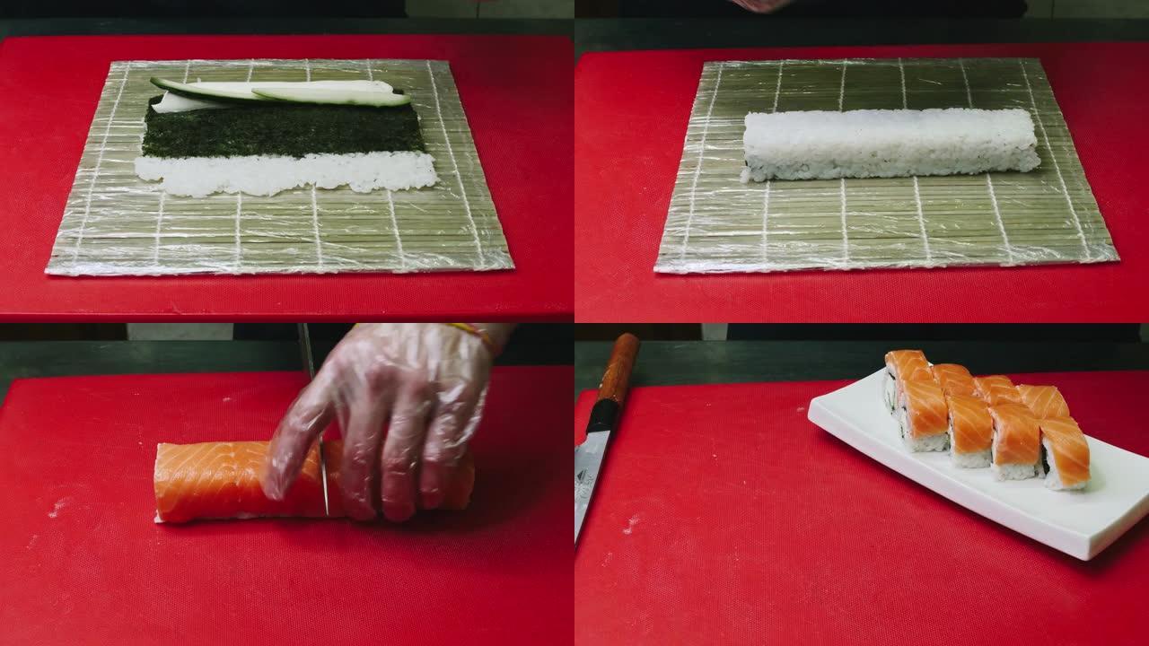 寿司厨师展示技巧。在4k分辨率的白盘中供应寿司