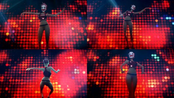 一个戴着小丑面具的女人在舞池里跳舞