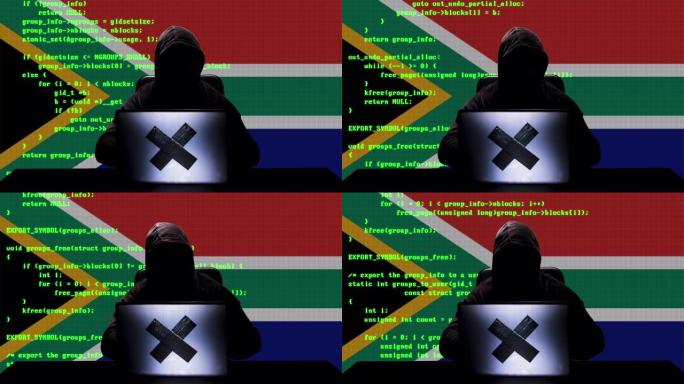 面无表情的南非黑客在他的笔记本电脑上键入代码黑客，背景是南非国旗