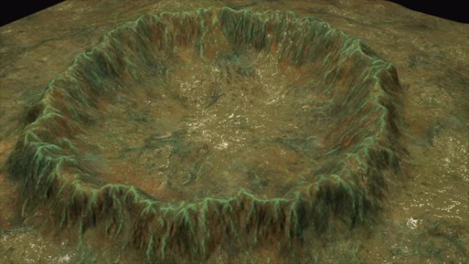 具有雪和绿色表面的现代3d渲染火山口，这是一块地球，计算机生成的背景