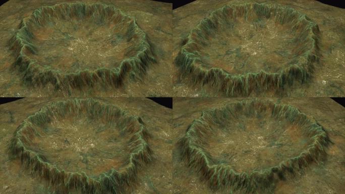 具有雪和绿色表面的现代3d渲染火山口，这是一块地球，计算机生成的背景