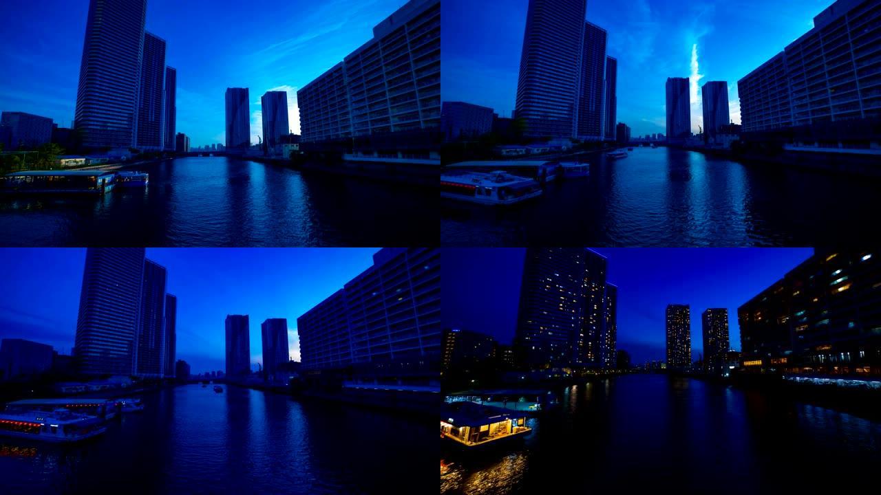 东京有明湾区港口的延时日落