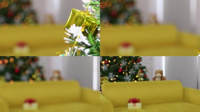 沙发上的金色礼品盒。