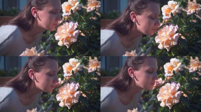 一个女人轻轻地抚摸和嗅着桃色玫瑰。一个美丽的女人和巨大的桃红色玫瑰。