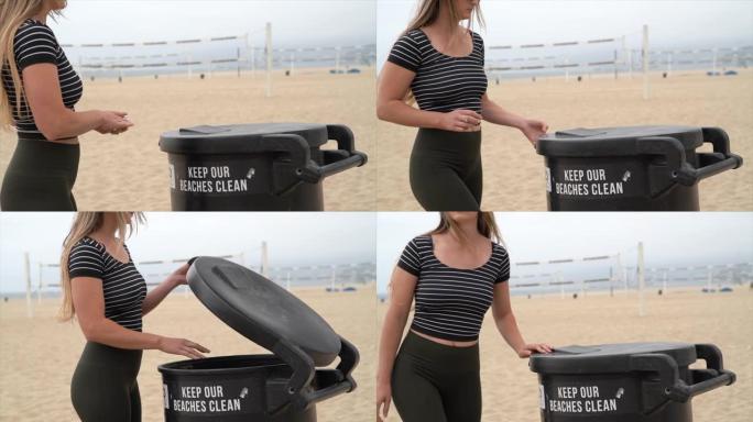 慢动作白人妇女在海滩上扔掉垃圾