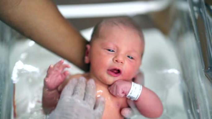 初生婴儿第一次洗澡。正在洗热水澡的男婴