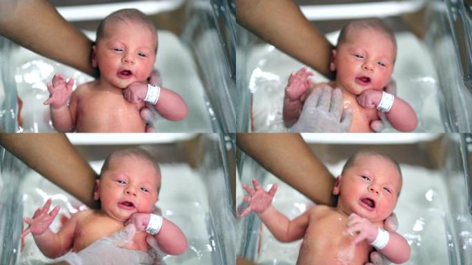 初生婴儿第一次洗澡。正在洗热水澡的男婴