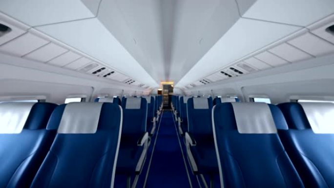 乘客坐在座位上的现代飞机的内部。现代飞机内部的空飞机座椅。