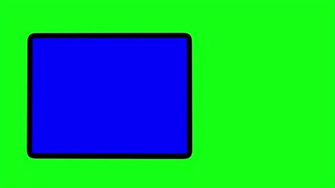 黑色平板电脑在绿色背景上打开。易于定制的蓝屏。计算机生成的图像。