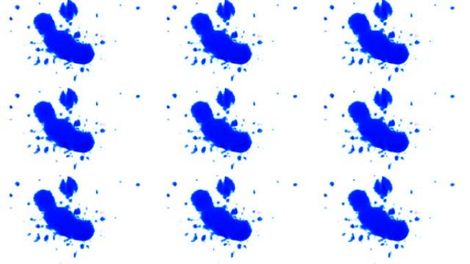 蓝色墨水，油漆液滴散布在纸上湿白色有机流。