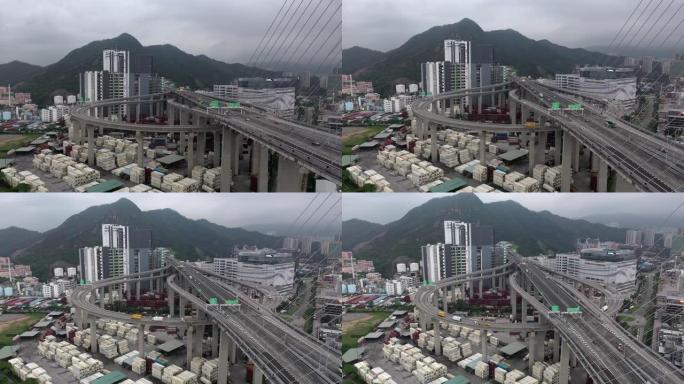 香港货柜码头及昂船洲桥的Traffice车及集装箱船场的空中无人机电影