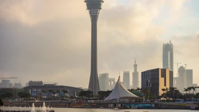 澳门城市景观日落天空著名电视塔湾全景延时4k中国