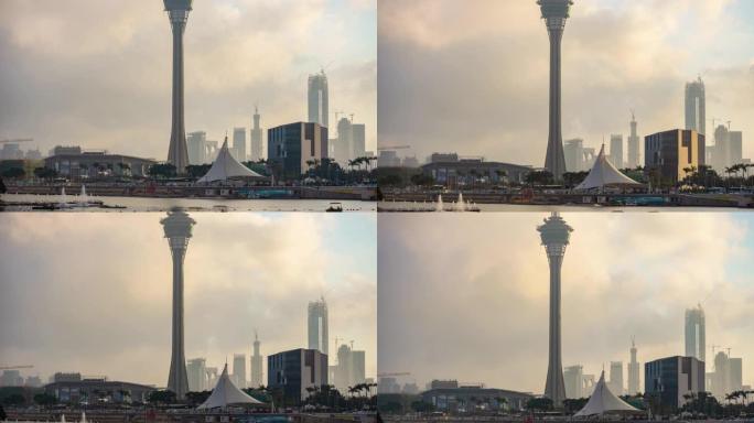 澳门城市景观日落天空著名电视塔湾全景延时4k中国