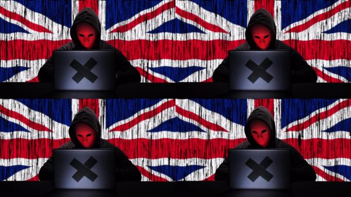 黑客黑客在他的笔记本电脑上键入代码，背景中有英国国旗和二进制代码动画覆盖