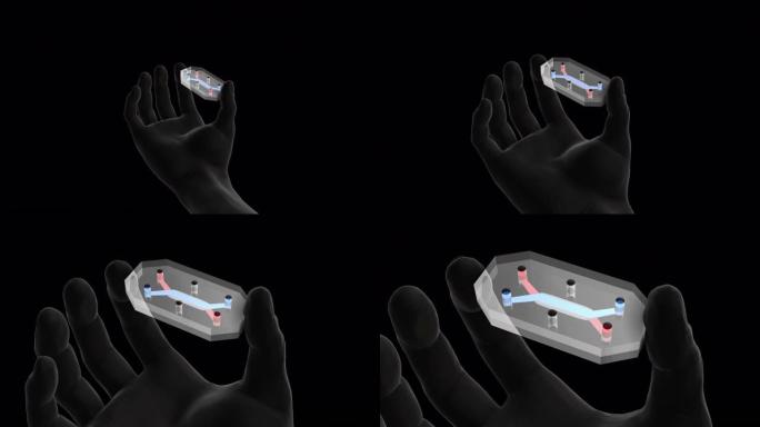 芯片上的人类-手指之间的黑手放大