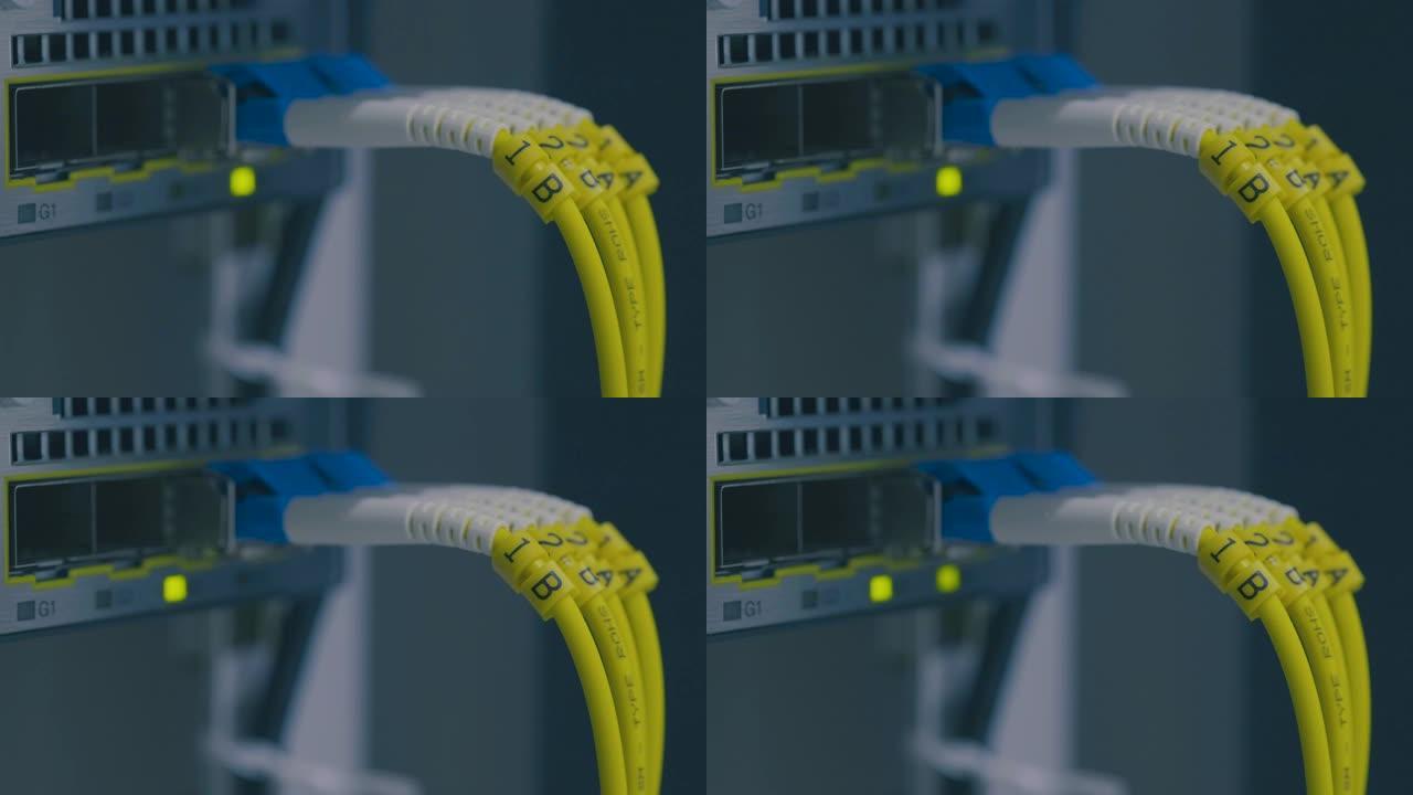 特写。模块端口上的光缆。用于数据中心机房高速网络的网络千兆交换机。