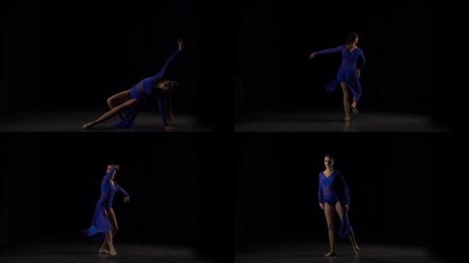 性感的芭蕾舞演员在工作室的黑色背景下跳舞。慢动作