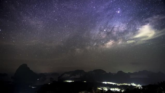 夜间多云天空上的银河系和星星的时间圈数