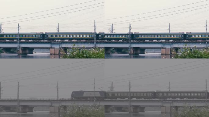绿皮列车驶过火车过桥