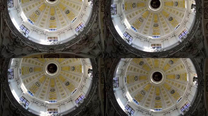 慕尼黑市一座古老的巴洛克式教堂的圆顶内部视图。