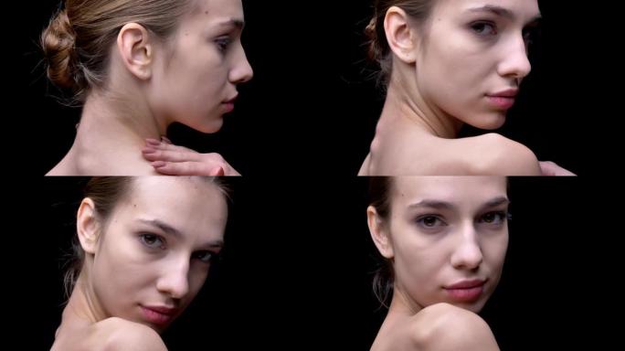 特写肖像苗条的白人女孩轻轻触摸她的脖子，转向相机在黑色的背景。