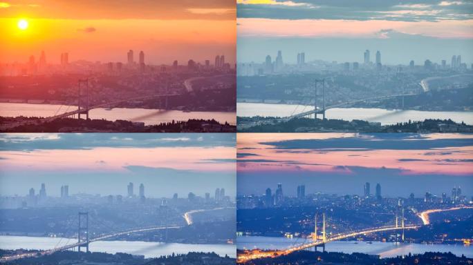 伊斯坦布尔全景博斯普鲁斯大桥日落到夜晚的时光倒流，充满活力的戏剧性天空