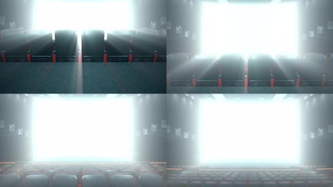 电影院大厅有空白屏幕和空座位。现代设计与醒目的照明，霓虹灯照明。墙上的音频系统。没有人的电影院。带复