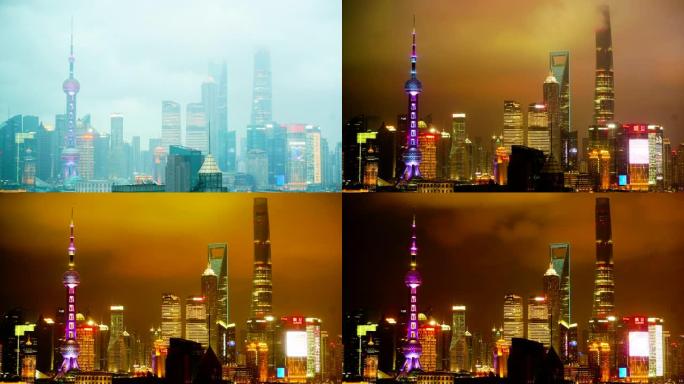 上海浦东天际线多云长昼夜延时过渡。